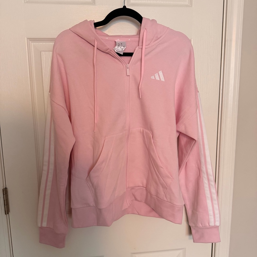 Adidas Light Pink Hoodie with White Stripes